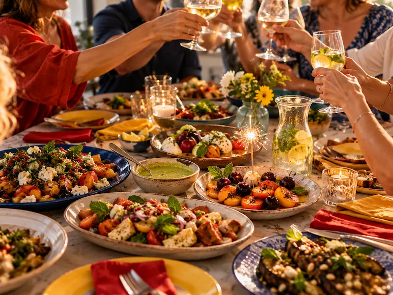 A birthday group gathered around a long table of colourful dishes, glasses raised, laughing