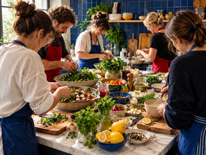 Friends working side by side at a shared worktop, tearing herbs and dressing a salad