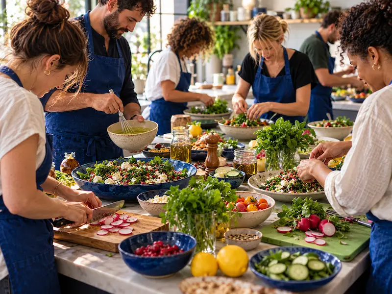 Colleagues in aprons collaborating over a worktop, one whisking a dressing while another plates a salad