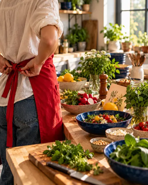 A cook tying an apron at a bright worktop with bowls of ingredients waiting