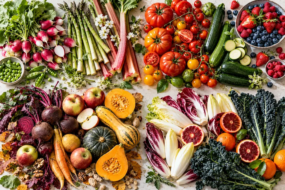 A flat lay of seasonal British produce on a pale surface: rhubarb, tomatoes, beetroot, apples and chicory in four colour groups