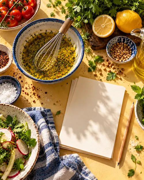 A notebook-style flat lay of lemons, herbs, a whisk and a bowl of dressing on a butter-coloured table