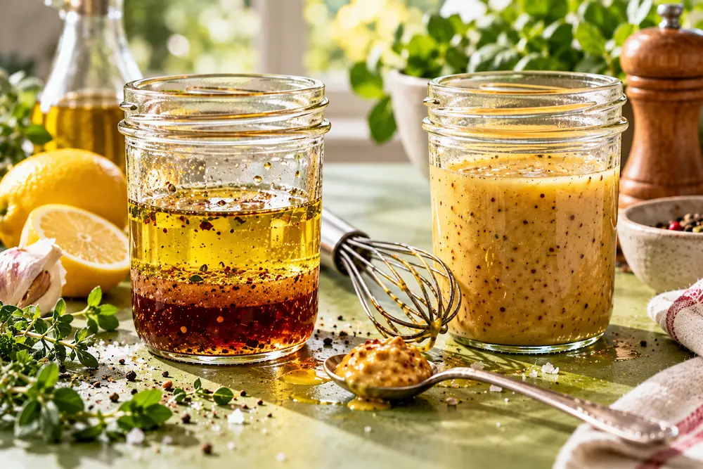 Two jars side by side: one with a split, separated dressing and one with a smooth, creamy emulsified vinaigrette