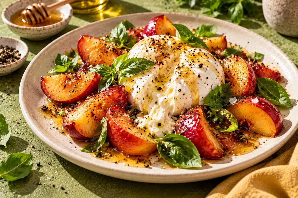 A torn ball of burrata with sliced ripe nectarines, black pepper honey, basil leaves and olive oil on a pale plate