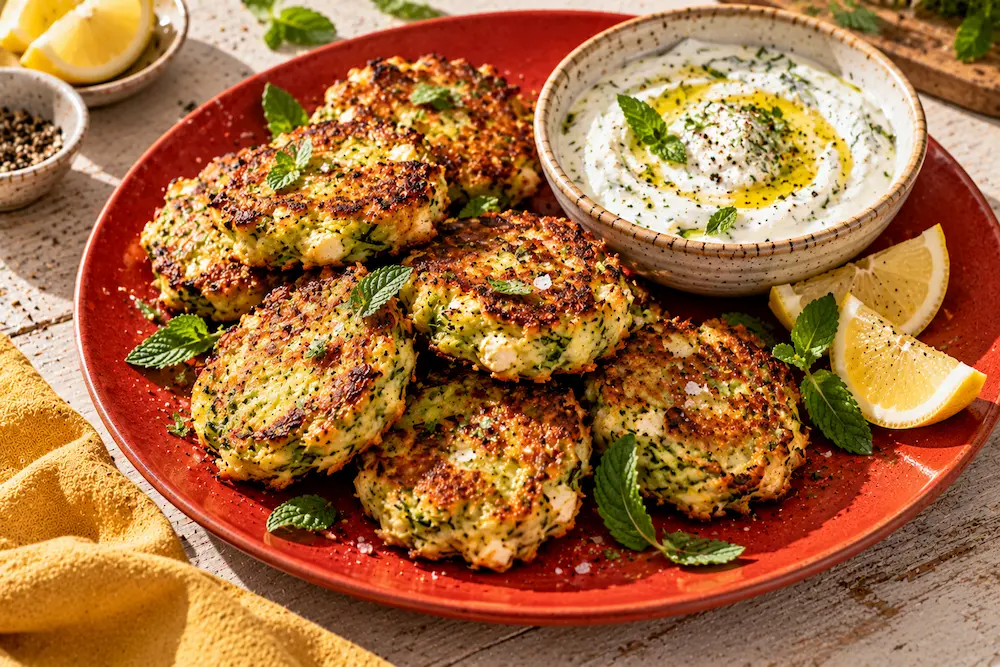 A stack of golden courgette and feta fritters beside a bowl of mint yoghurt with lemon wedges