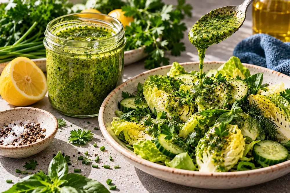 A jar of bright green herb dressing, thick and creamy, with a spoon drizzling it onto leaves