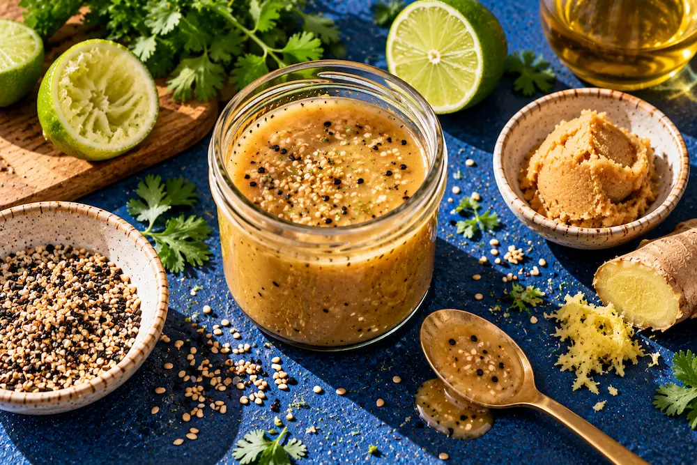 A small jar of golden miso-lime dressing with sesame seeds and a squeezed lime half beside it