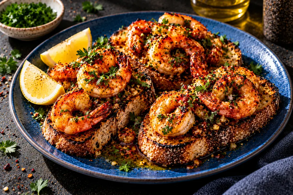 Pink paprika-stained prawns glistening in garlicky oil on slices of charred sourdough with lemon and parsley