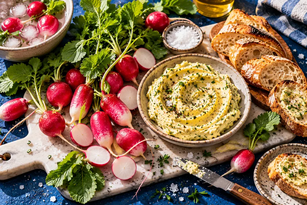Pink and white radishes with their leaves beside a block of cultured butter, flaky salt and warm baguette on a board