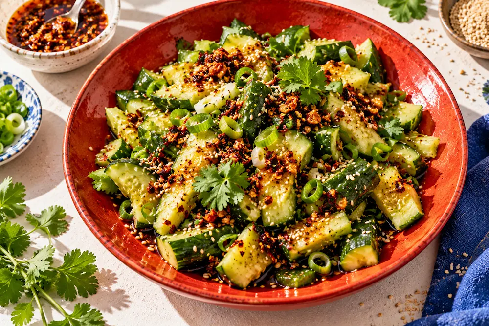 Jagged pieces of smashed cucumber glistening with dark dressing, sesame seeds and a spoonful of chilli crisp