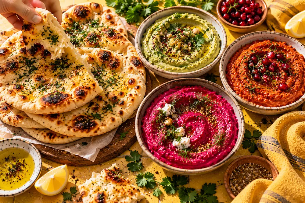 A stack of puffed, blistered flatbreads beside three colourful dips in small bowls: green, orange and magenta
