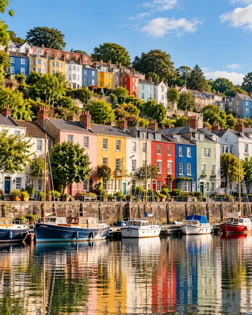 Colourful terraced houses and the harbourside in Bristol on a bright, clear day