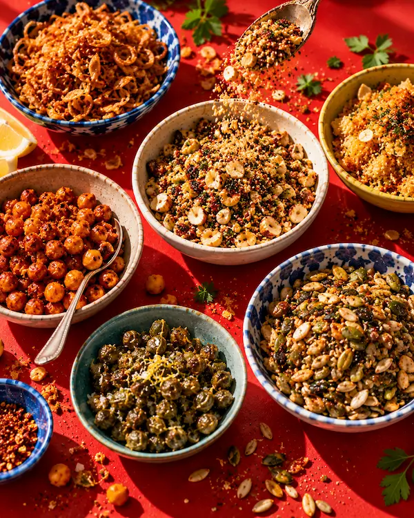 Small bowls of hazelnut dukkah, crispy shallots, golden breadcrumbs and spiced chickpeas on a tomato-red surface