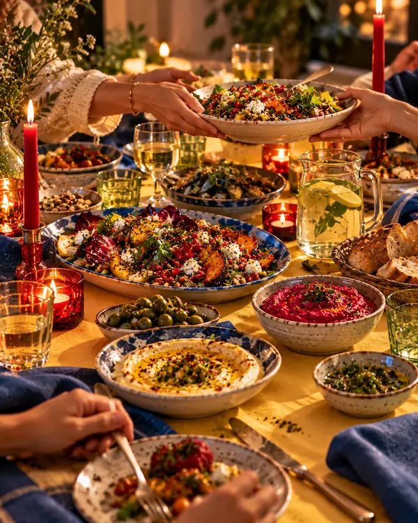 A relaxed dinner table with a large composed salad, dips, bread and wine glasses in warm evening light